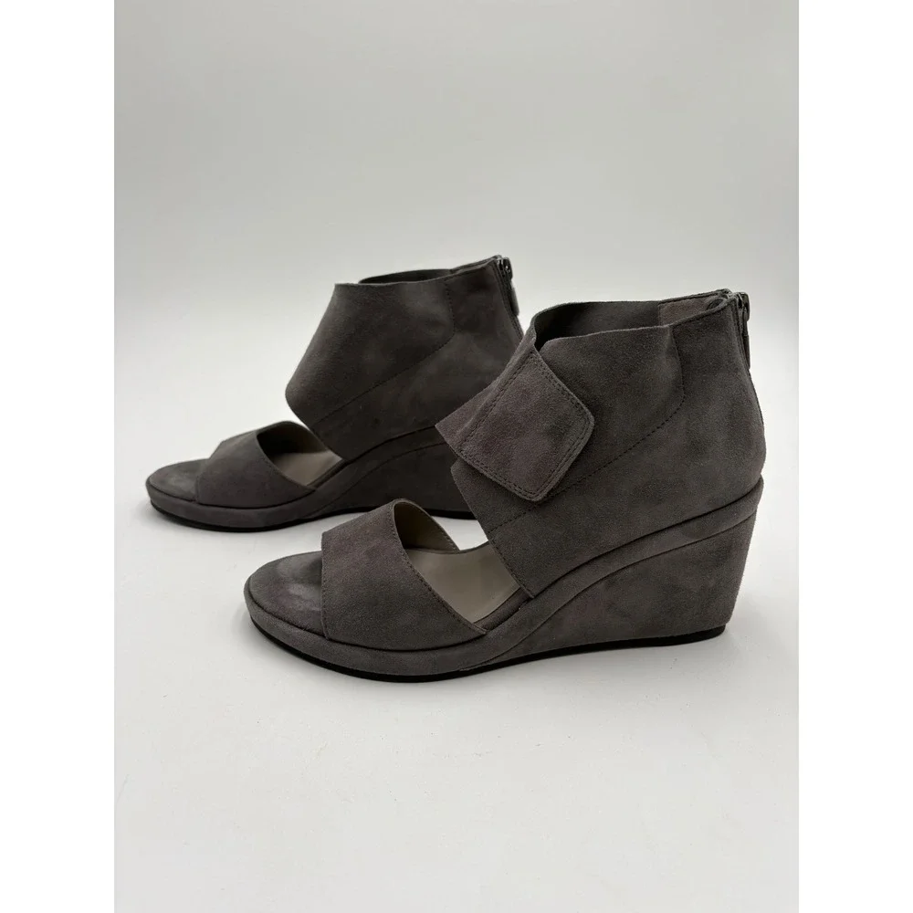 Eileen Fisher Womens Gray Suede Wedge Sandals Open Toe Back Zip Shoes Size 6 US